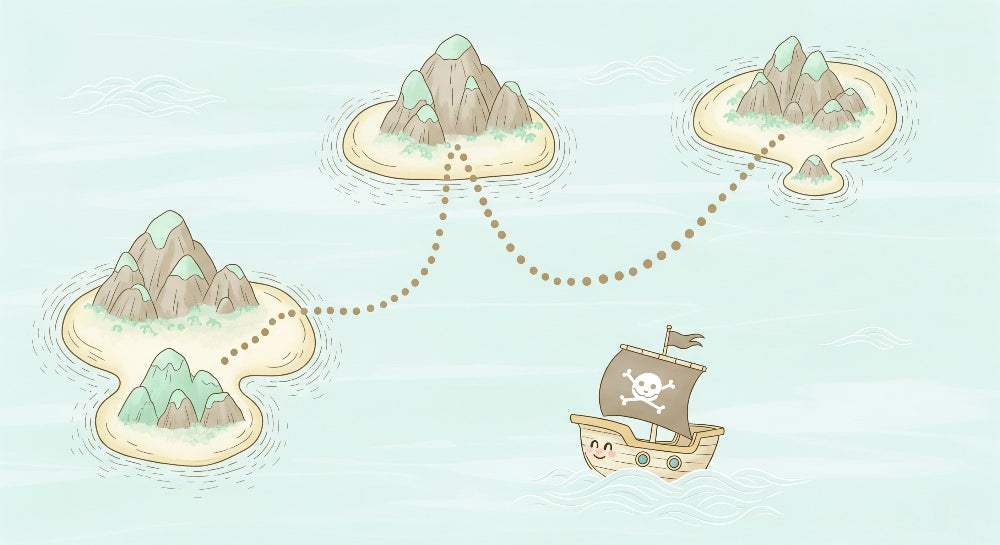 Detailed pirate treasure map mural wallpaper design pattern with ship and islands by Kids-Mundo