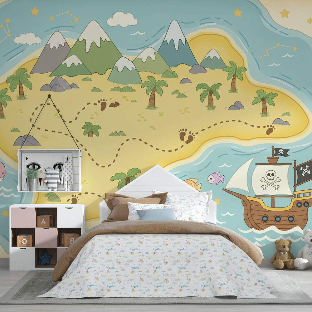 Adventure island treasure map wallpaper creating magical nursery decor with maritime theme