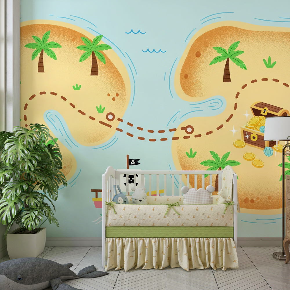 Tropical pirate adventure mural wallpaper creating magical nursery decor with treasure map design