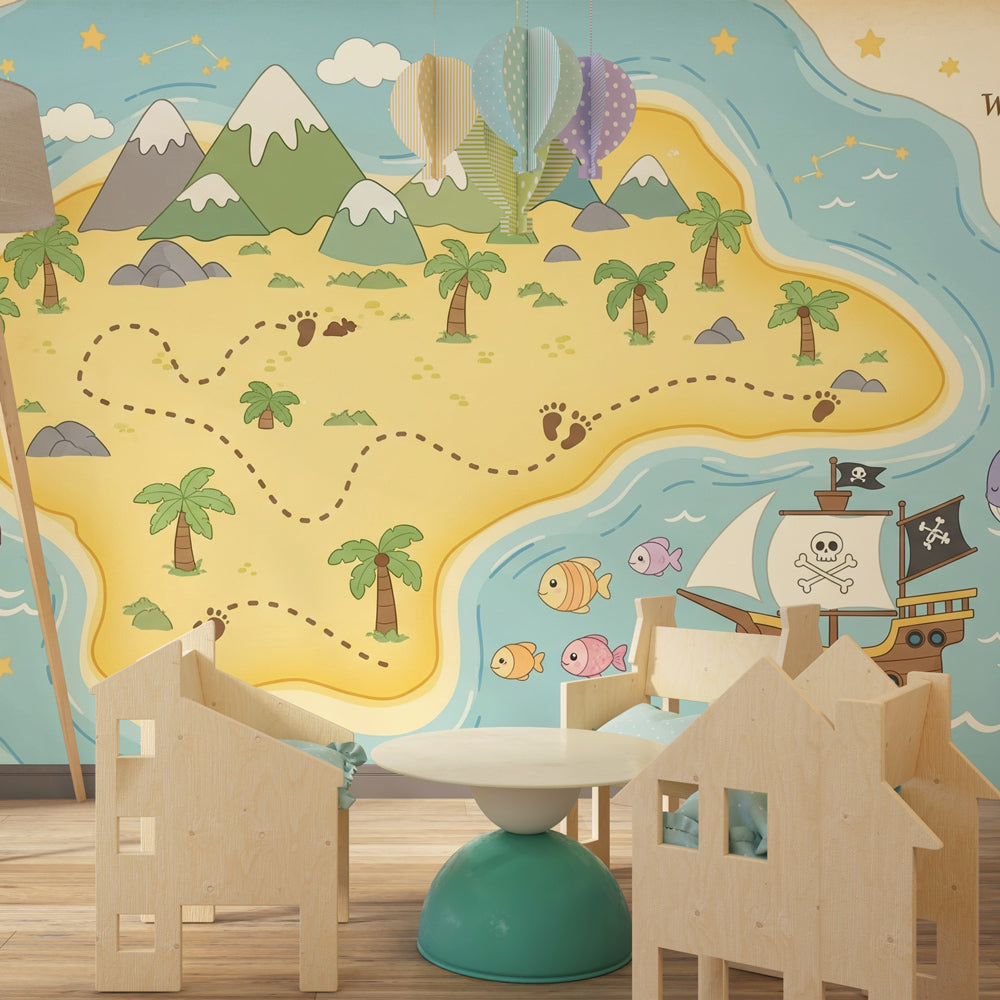 Pirate themed mural wallpaper transforming children's playroom into adventure island setting