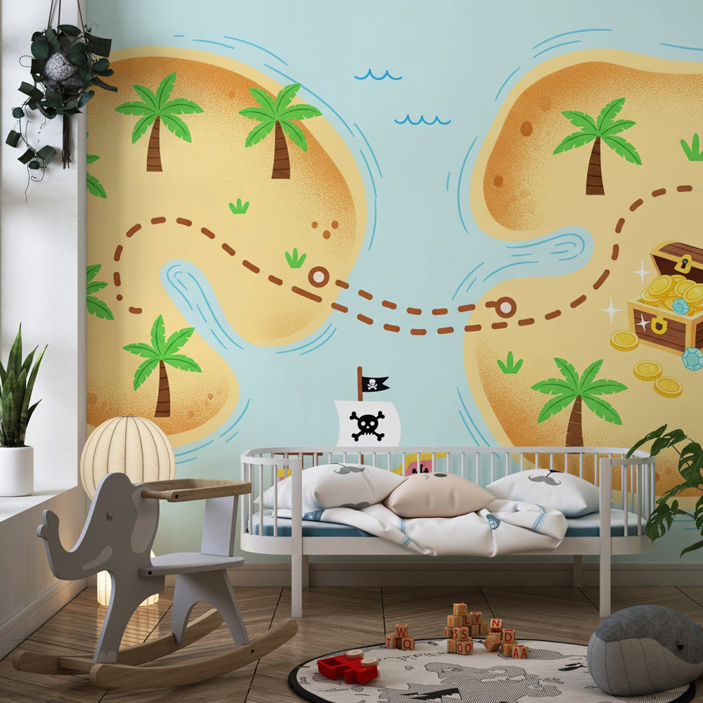 Adventure-themed pirate wallpaper transforming children's playroom into treasure island paradise