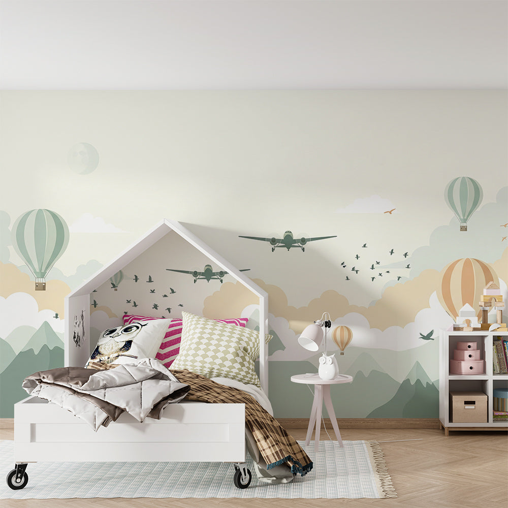 Kids-Mundo mountain adventure wall mural brightening a playroom feature wall