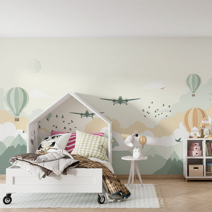 Kids-Mundo mountain adventure wall mural brightening a playroom feature wall