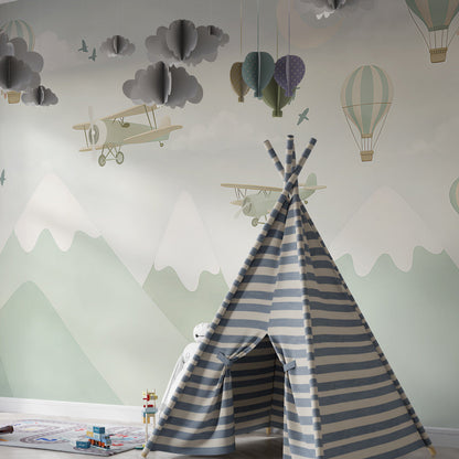 Kids-Mundo biplane and balloon wall mural displayed in a bright adventure playroom