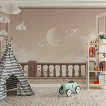 Kids-Mundo ringed planet balcony mural styled on a bright kids bedroom wall