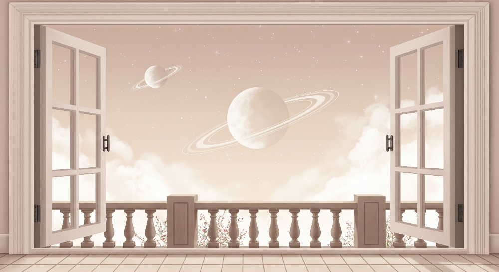 Kids-Mundo flat artwork of open French doors leading to a balcony beneath a ringed planet