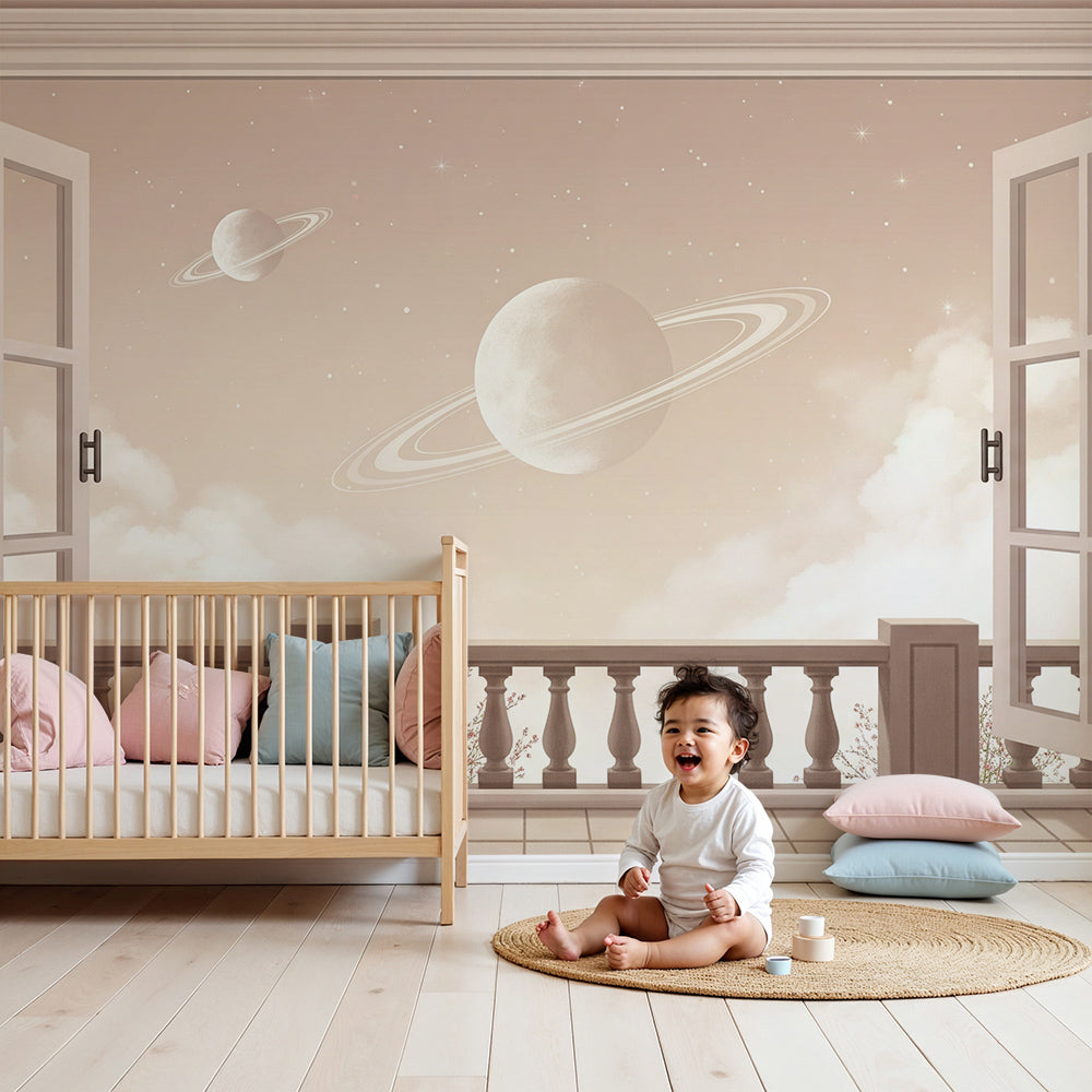 Kids-Mundo planet balcony wall mural with open French doors in a soft nursery bedroom
