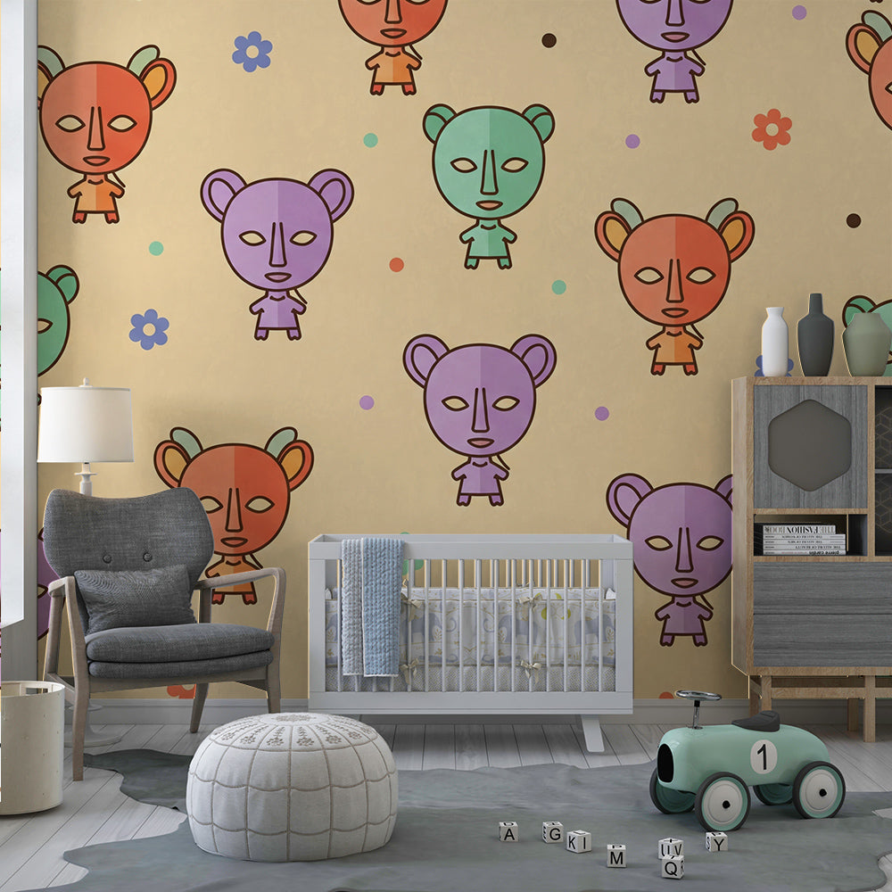 Kids-Mundo playful animal character wall mural on a feature wall in a kids bedroom