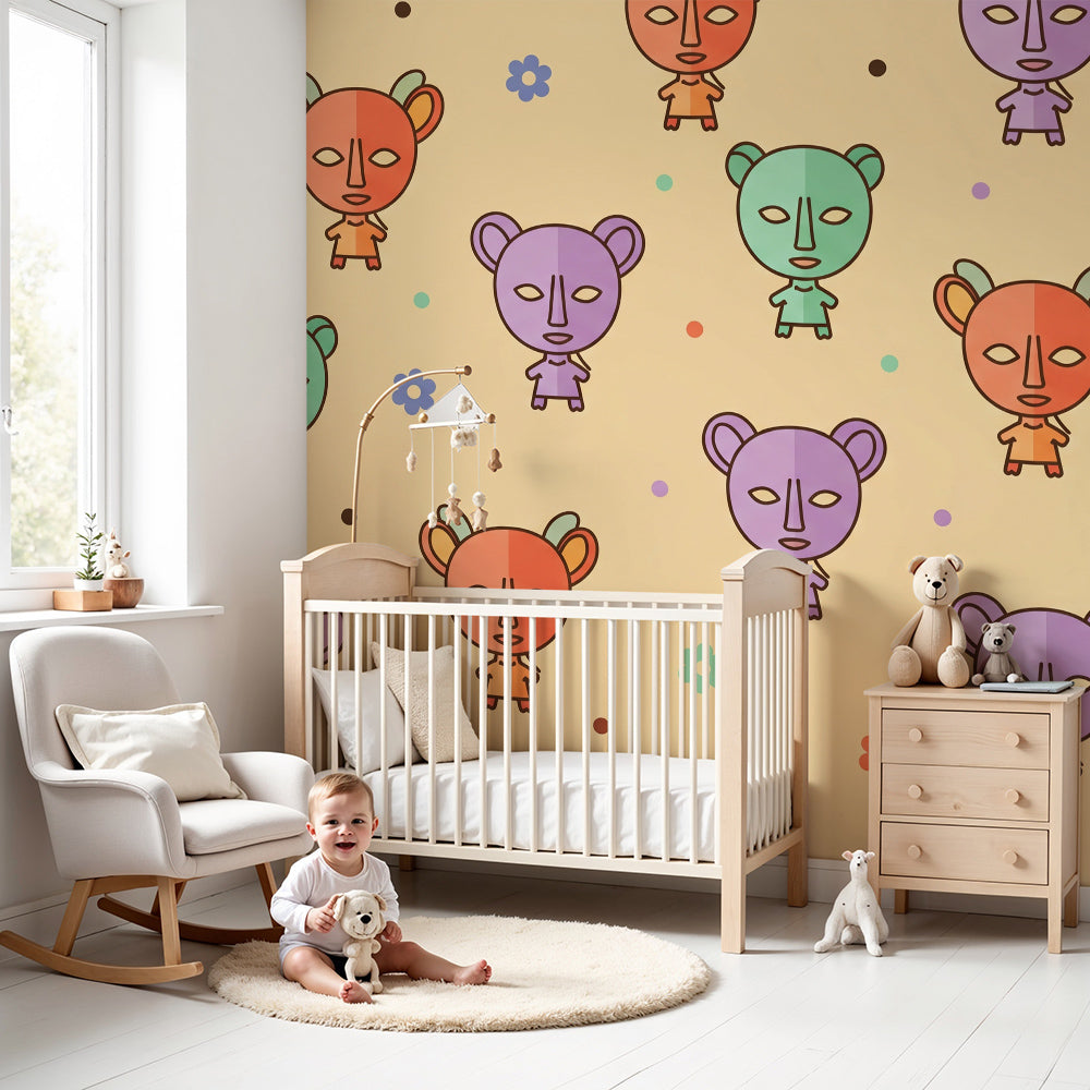 Kids-Mundo animal face wall mural above a cot in a soft, pastel-themed nursery