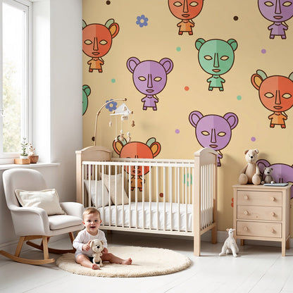 Kids-Mundo animal face wall mural above a cot in a soft, pastel-themed nursery
