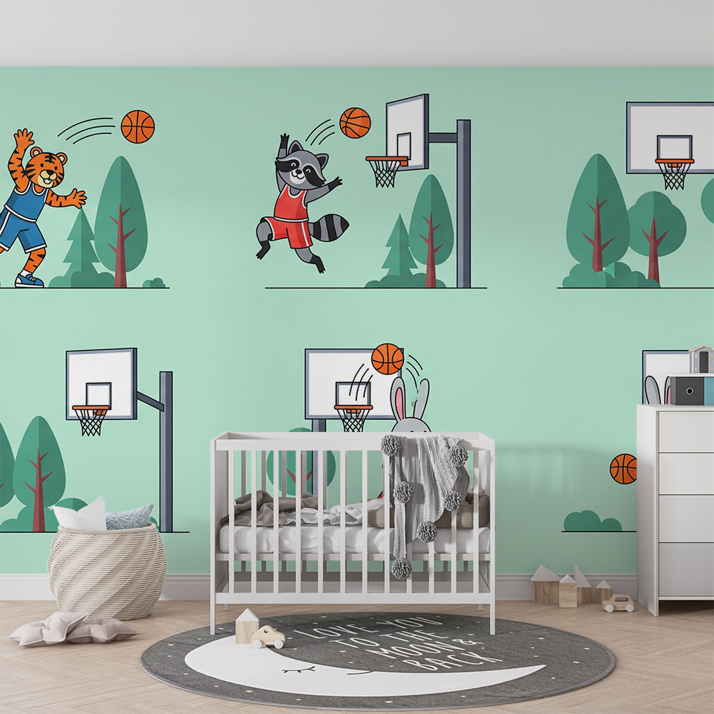 Kids-Mundo tiger and raccoon basketball wall mural covering a kids bedroom wall