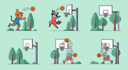 Flat artwork preview of the Kids-Mundo playful basketball animals wall mural design