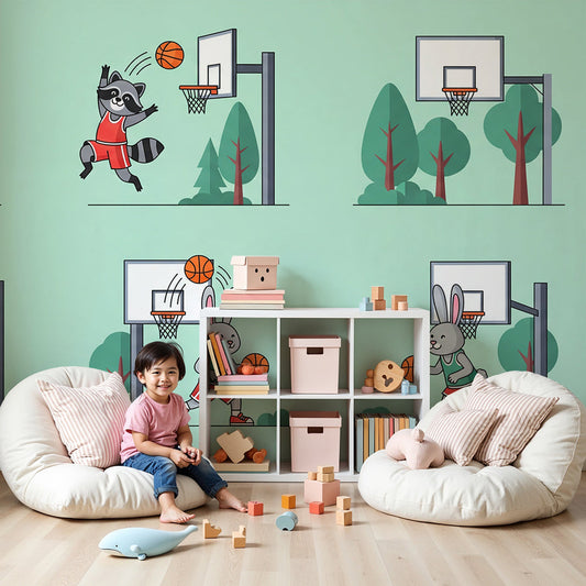 Kids-Mundo playful basketball animals wall mural in a green-themed nursery
