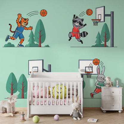 Kids-Mundo basketball animal mural decorating a playroom wall near a ball pit