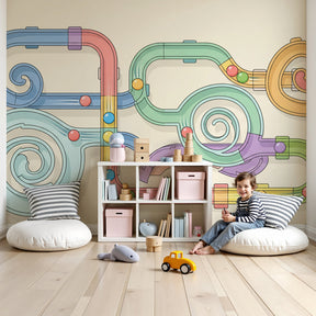 Playful circuit mural wallpaper creating dynamic racing theme in modern kids nursery by Kids-Mundo