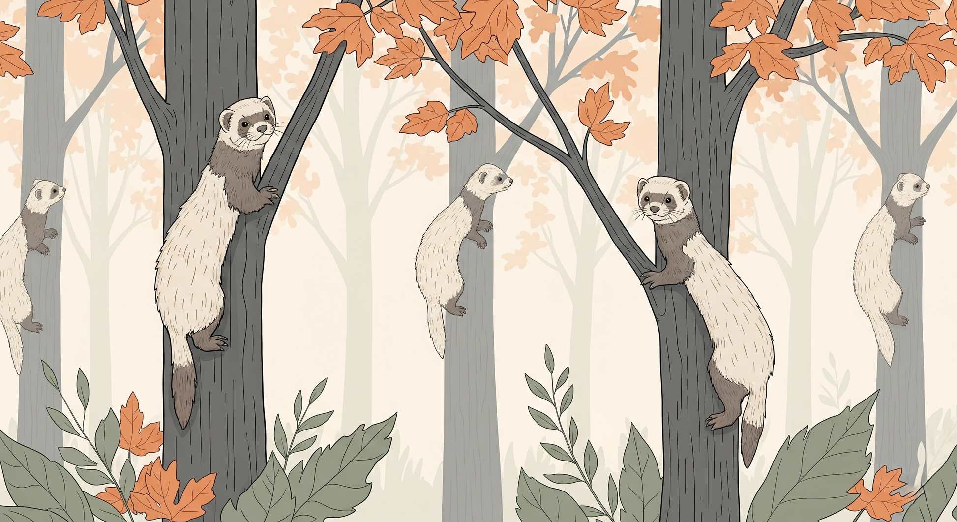 Kids-Mundo flat illustration of playful ferrets climbing trees among orange autumn maple leaves