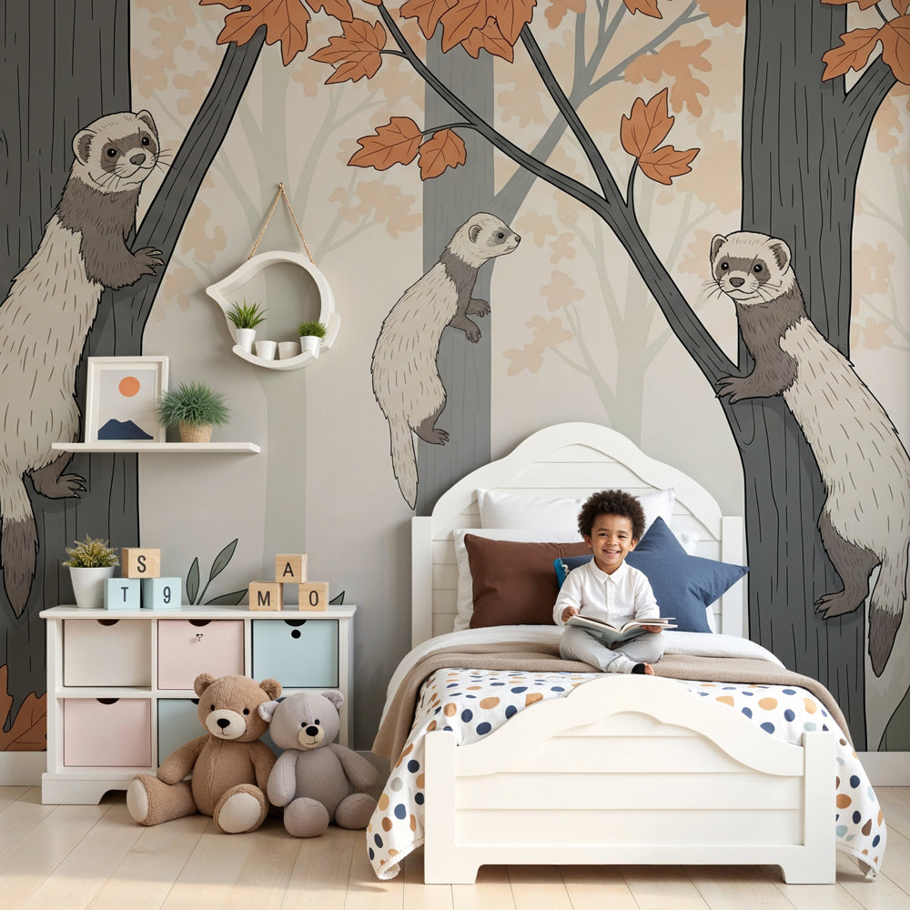Kids-Mundo playful ferrets wall mural with autumn leaves behind a cot in a warm nursery