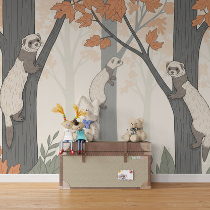 Kids-Mundo autumn ferret forest mural on a playroom wall behind a low toy shelf