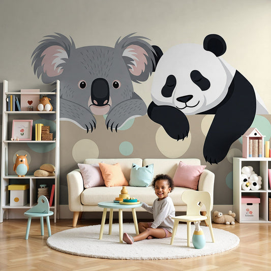 Kids-Mundo koala and panda wall mural in a soft nursery, made to measure for a gentle peekaboo scene.