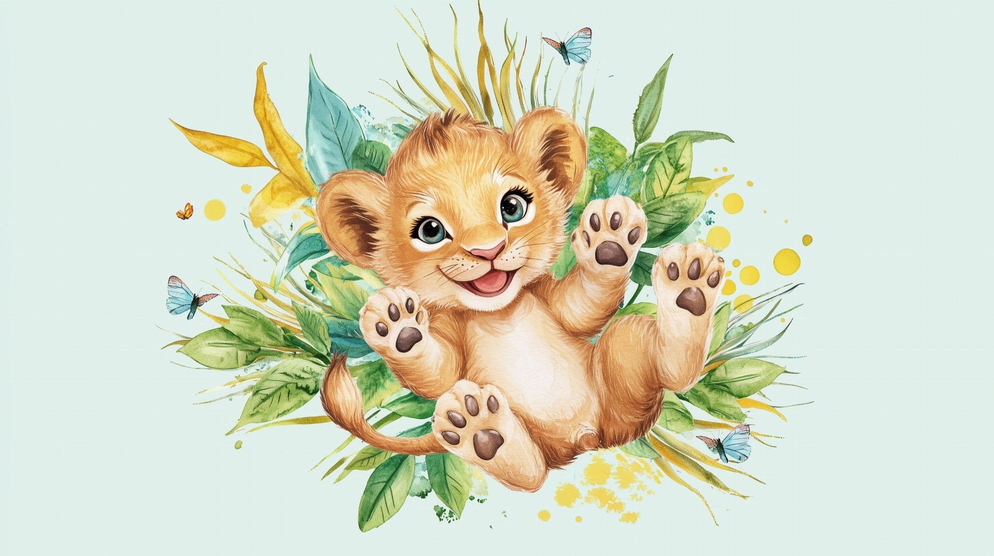 Flat watercolour artwork of the Kids-Mundo lion cub wall mural design with leaves and butterflies.
