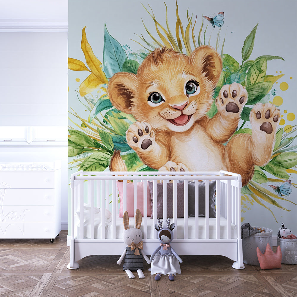 Kids-Mundo lion cub wall mural bringing jungle colour and butterflies to a bright children's playroom.