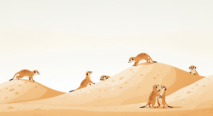Kids-Mundo flat artwork of playful meerkats climbing and tumbling across warm orange dunes