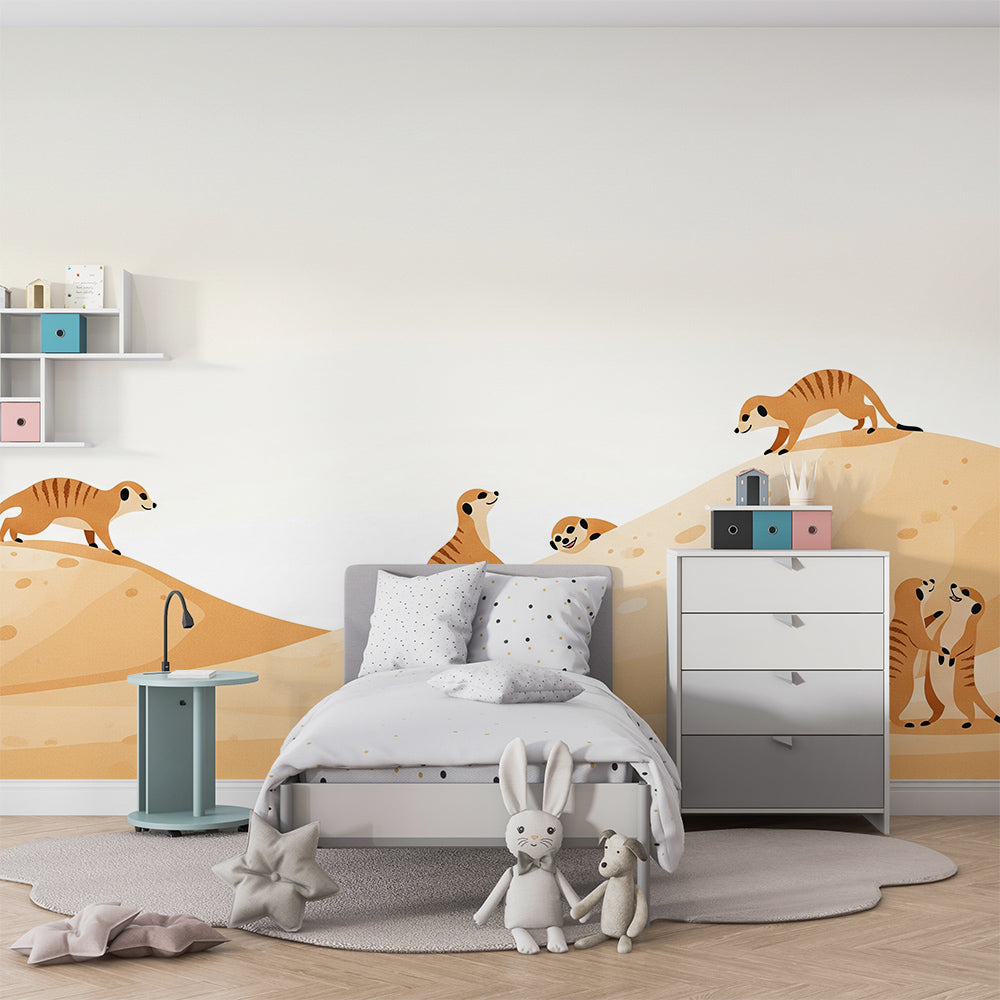 Kids-Mundo playful meerkat wall mural bringing sunny desert colour to a children's playroom