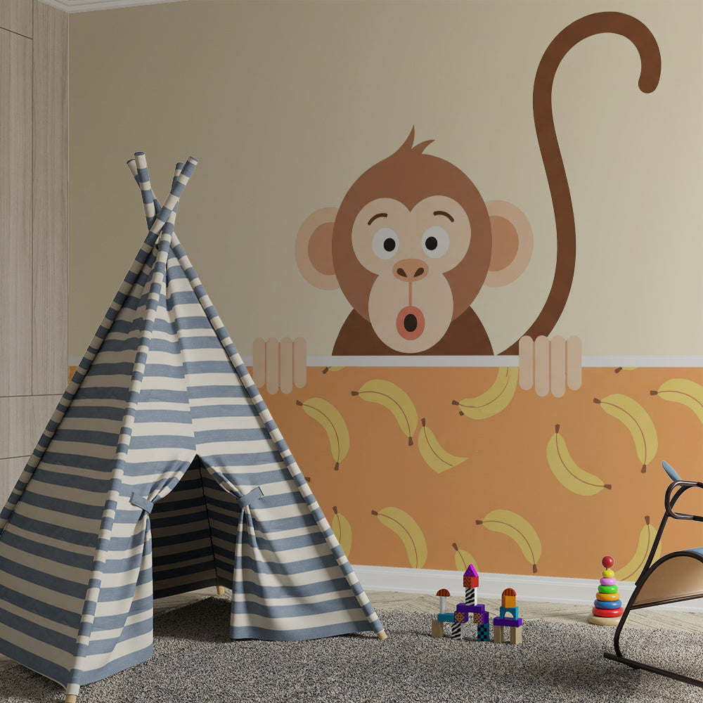 Kids-Mundo monkey and banana print wall mural bringing character to a cheerful playroom.
