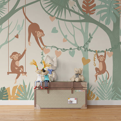 Kids-Mundo heart-filled jungle mural with swinging monkeys fitted made to measure on a bedroom wall.