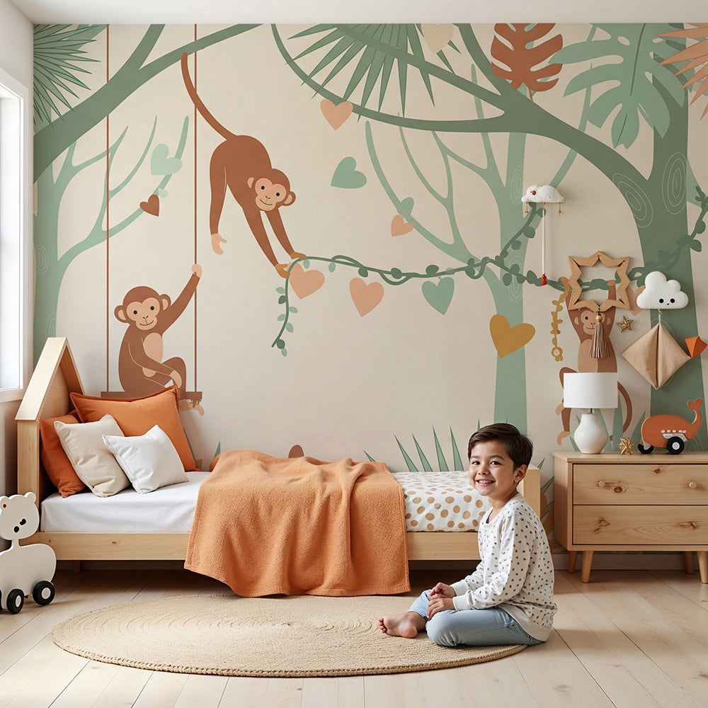 Kids-Mundo playful monkey jungle wall mural with hearts printed made to measure in a nursery.