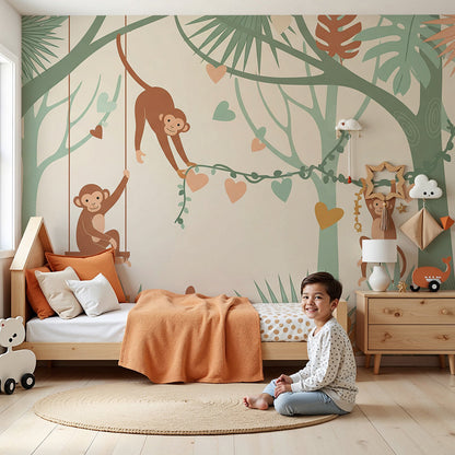 Kids-Mundo playful monkey jungle wall mural with hearts printed made to measure in a nursery.