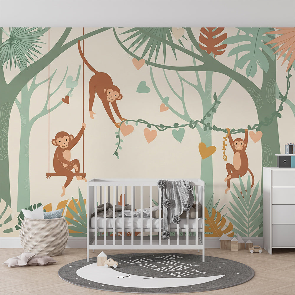 Kids-Mundo warm-toned monkey jungle mural with hanging hearts in a playroom setting.