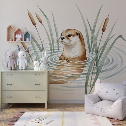 Kids-Mundo otter and reeds mural mockup on a feature wall in a kids bedroom