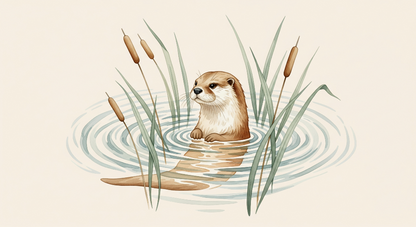 Kids-Mundo hand-painted otter and reeds wall mural artwork in soft watercolour tones