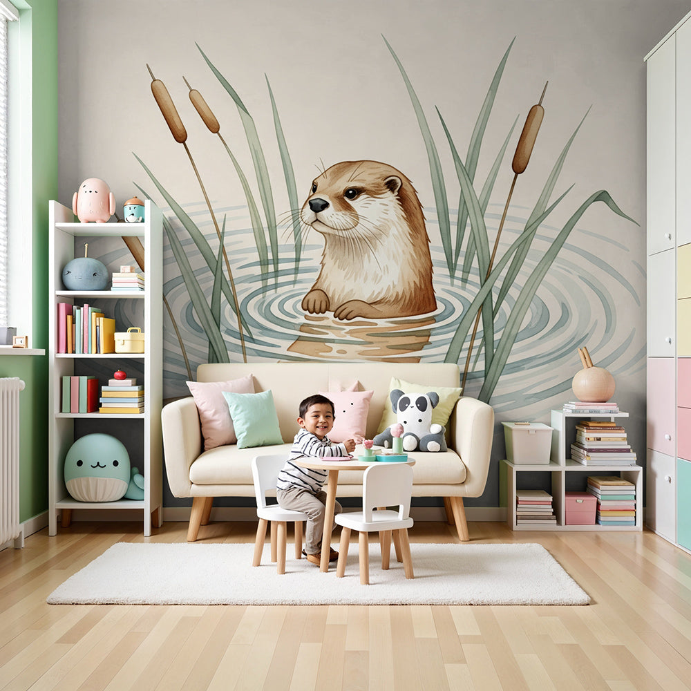 Kids-Mundo otter wall mural styled in a calm nursery with soft blue and sandy tones