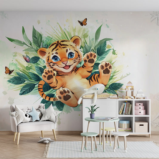 Tiger cub wall mural by Kids-Mundo made to measure and installed on a feature wall in a kids bedroom.