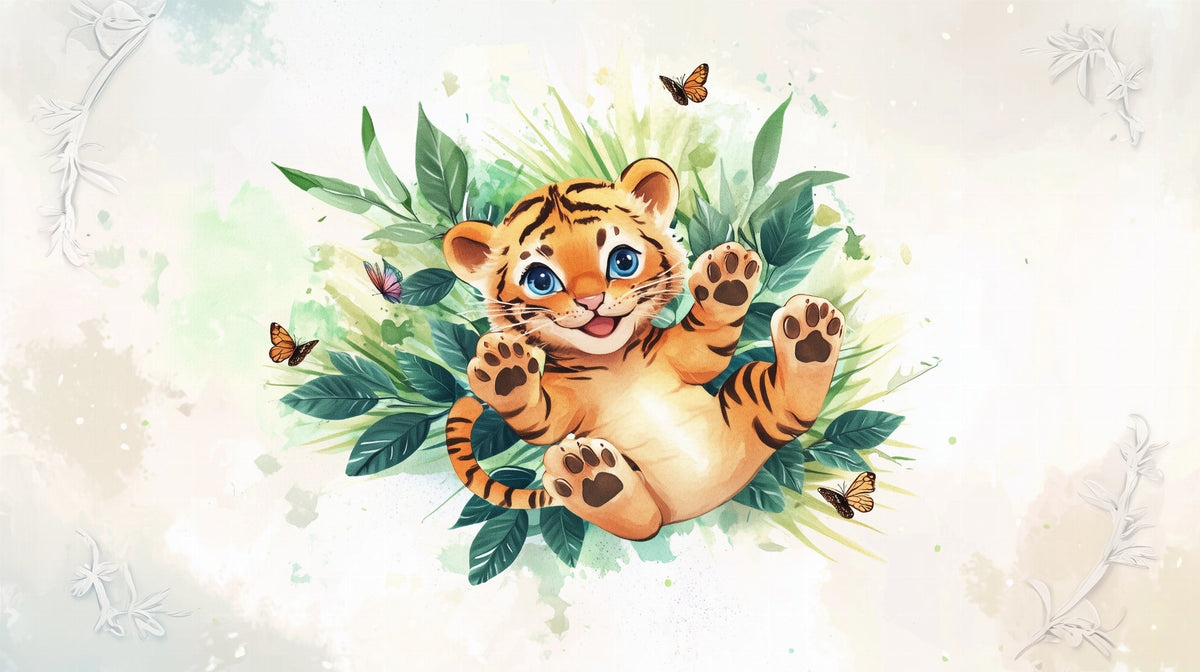 Playful Tiger Cub and Butterflies Wall Mural