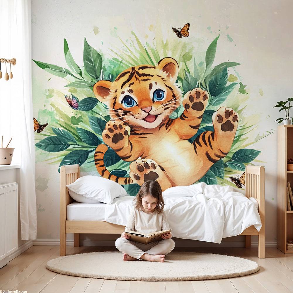 Kids-Mundo tiger cub wall mural styled in a bright green jungle-themed nursery with playful butterflies.