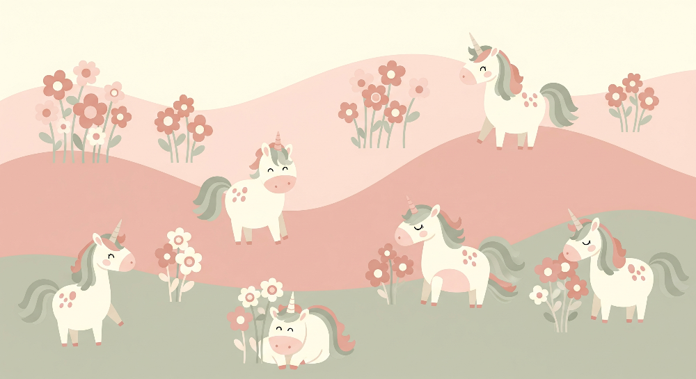 Playful Unicorns on Rolling Pink Hills Wall Mural