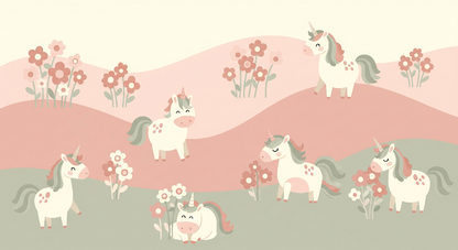 Kids-Mundo flat artwork of playful spotted unicorns on rolling pink and sage hills