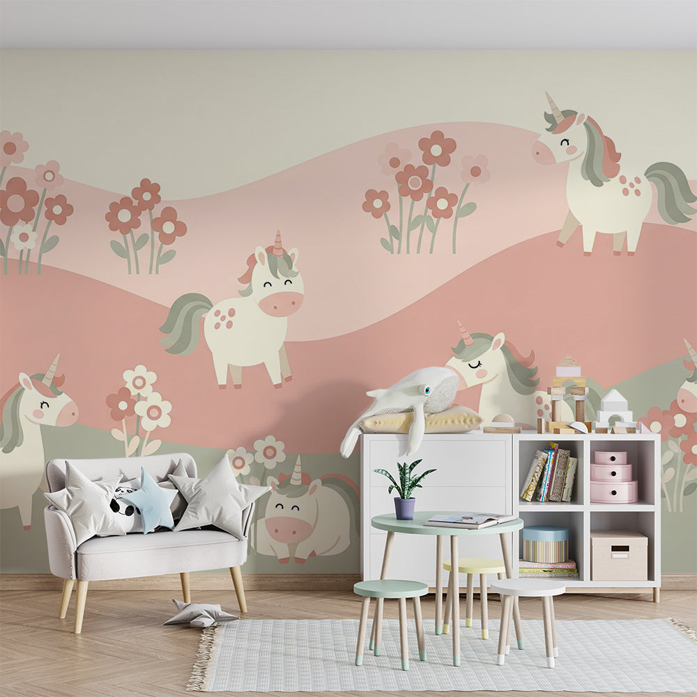 Kids-Mundo playful unicorn wall mural bringing cheerful colour to a children's playroom