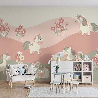 Kids-Mundo playful unicorn wall mural bringing cheerful colour to a children's playroom