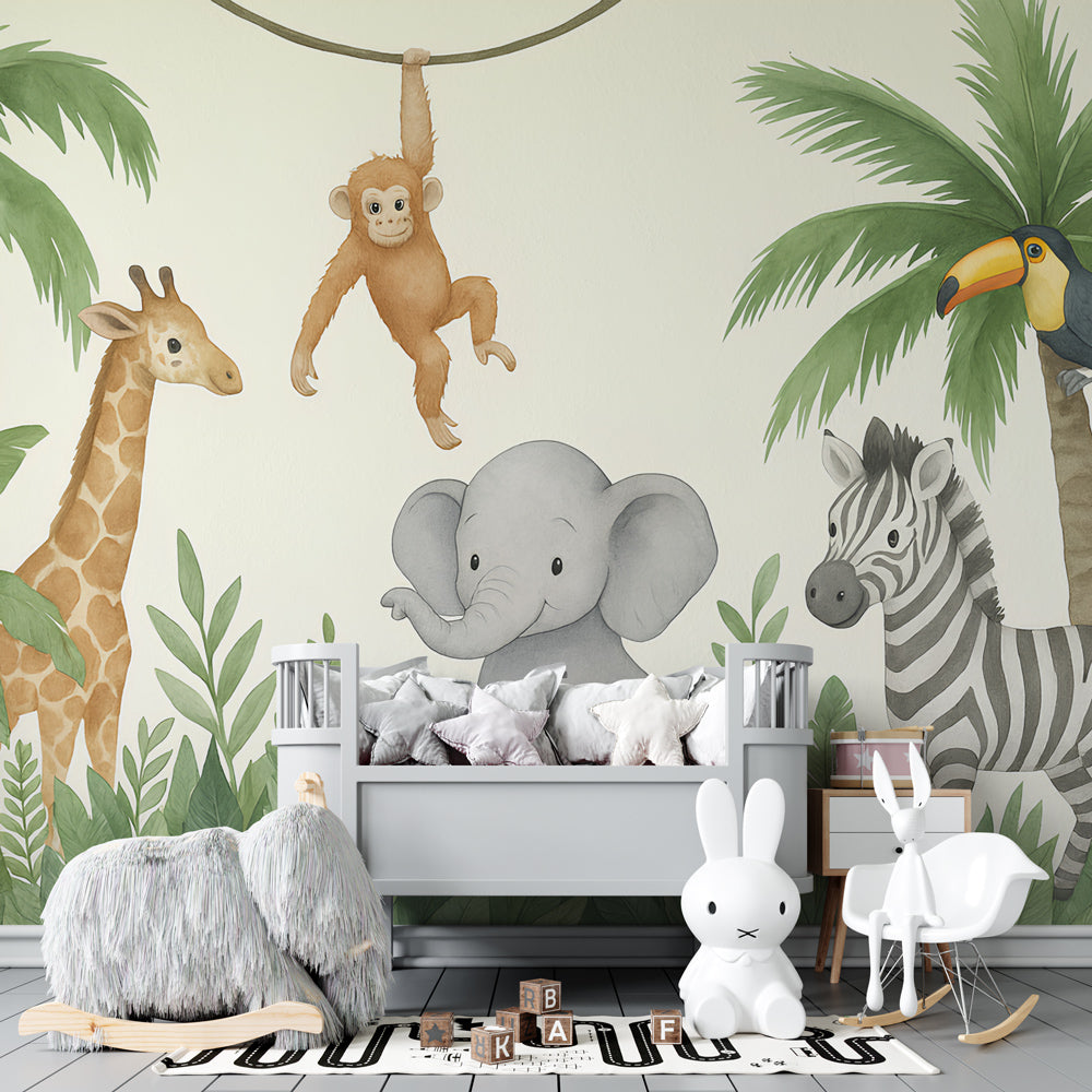 Kids-Mundo jungle animals wall mural with zebra and toucan on a kids bedroom feature wall