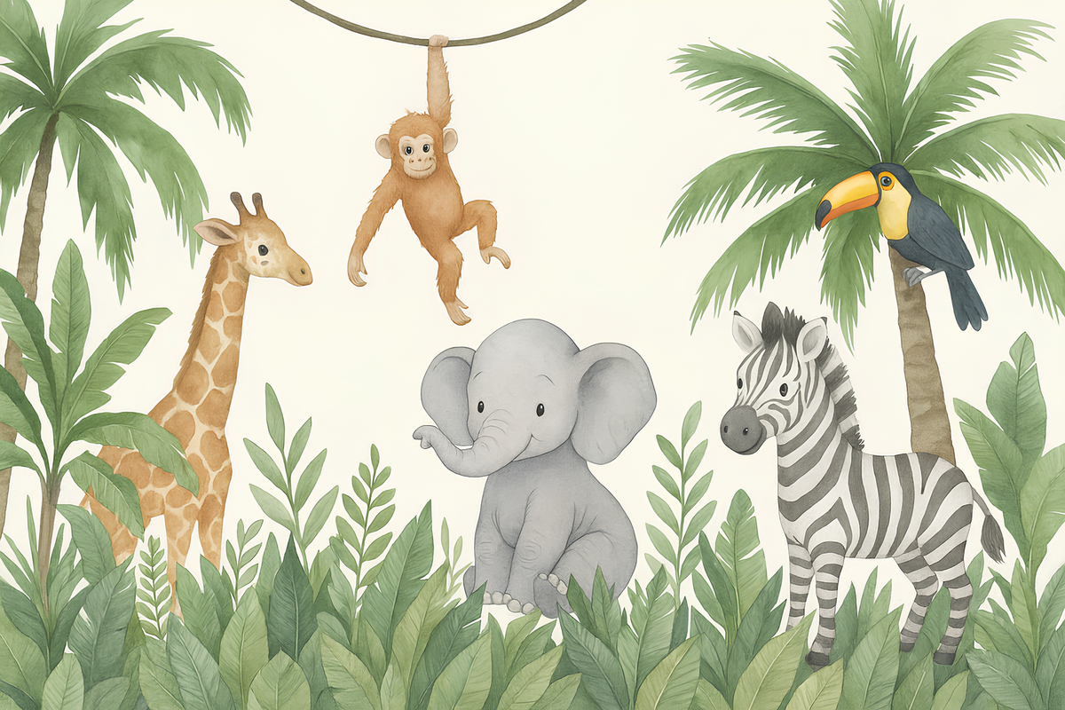 Playful Jungle Animals Watercolour Wall Mural