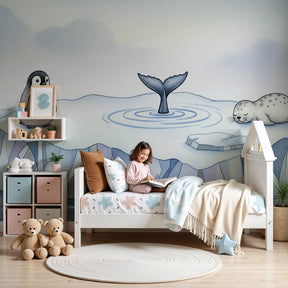 Polar adventure mural wallpaper with penguin and seal in modern nursery by Kids-Mundo