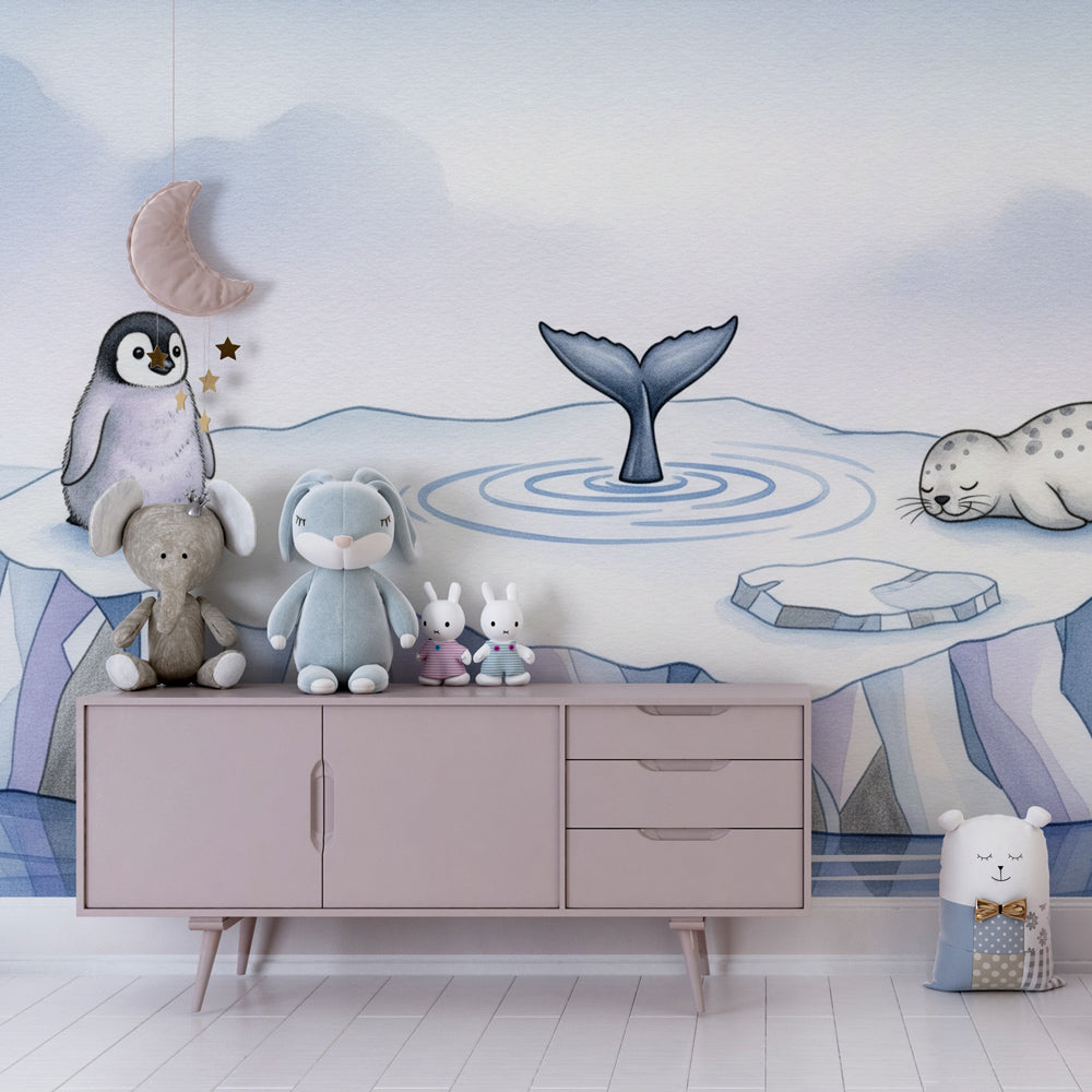 Penguin and seal mural wallpaper transforming kids playroom into arctic wonderland