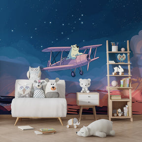 Aviation themed mural wallpaper featuring polar bear pilot in children's bedroom setting