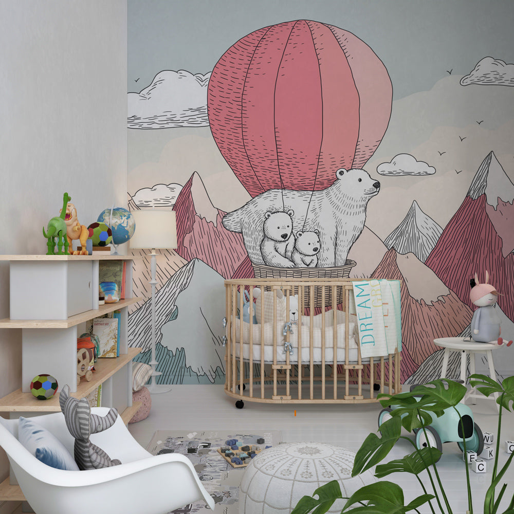 Mountain adventure balloon wallpaper creating cozy atmosphere in children's bedroom decor