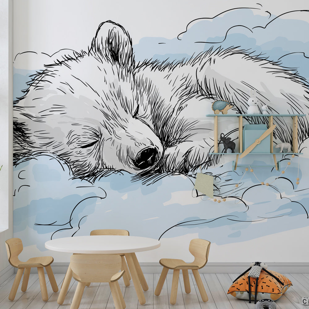 Dreamy polar bear wallpaper creating peaceful baby bedroom atmosphere with cloud theme