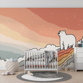 Dreamy polar bear wallpaper creating magical children's bedroom decor with rainbow colors